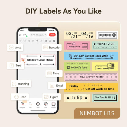 NIIMBOT - PORTABLE BLUETOOTH LABEL PRINTER - H1S MODEL INCLUDING FREE LABEL TAPE - 15MM * 7.5METERS - CONTINUOUS LABEL ROLL FEATURE