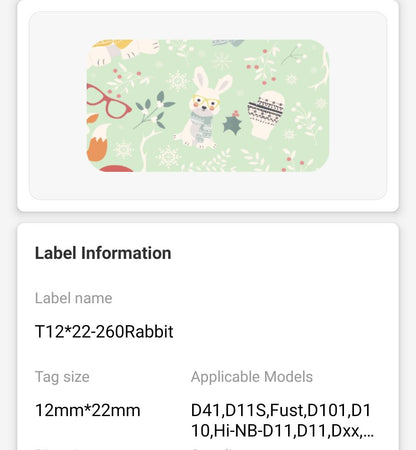 NB123 - NIIMBOT - D11 / D101 / D110 - 12*22MM - 260 THERMAL LABELS - RABBIT GREEN DESIGN